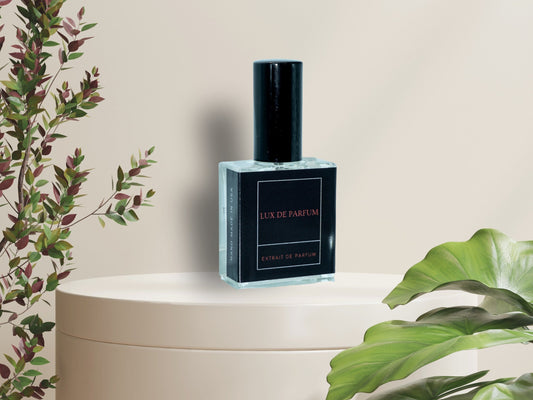 Bad Luck Extreme men's perfume 100ml bottle on beige surface with green plants background