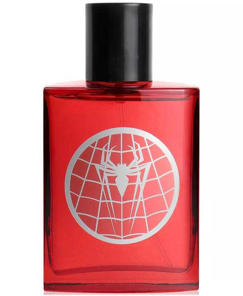 Spider-Man Eau De Toilette Spray, red bottle with black cap featuring spider web design.