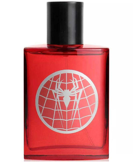 Spider-Man Eau De Toilette Spray, red bottle with black cap featuring spider web design.