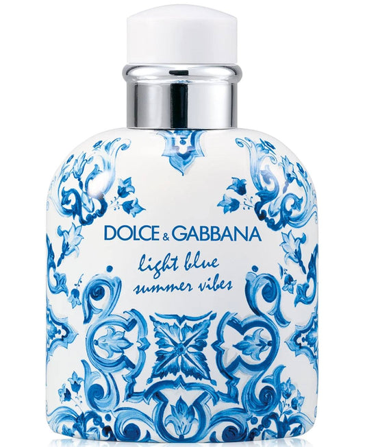 Dolce & Gabbana Light Blue Summer Vibes EDT Spray for Men, 4.2 oz, with Mediterranean citrus, amber wood, and majolica print design.
